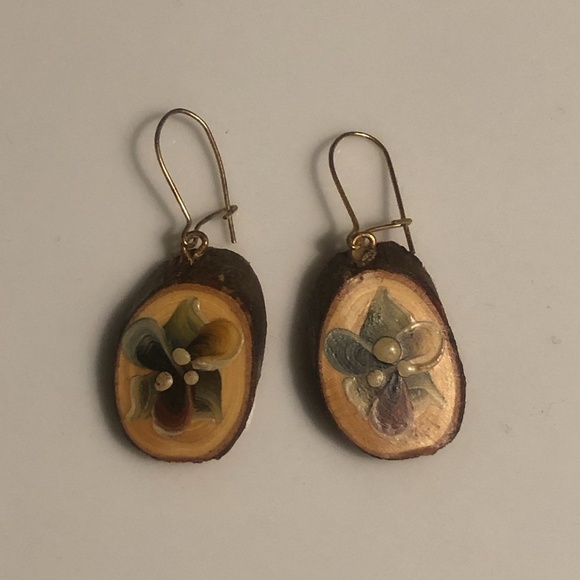 Jewelry - Handmade Wood Slice Floral Drop Earrings